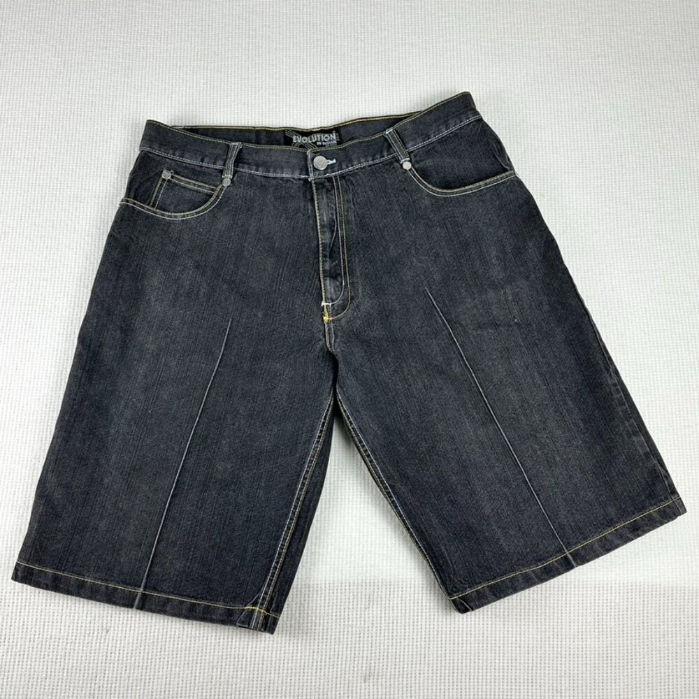 Evolution in Design Shorts Mens 40 Black Denim Jean Jorts Y2K Embroidered Shorts